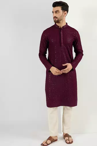 Men's burgundy viscose rayon embroidered straight sequins kurta