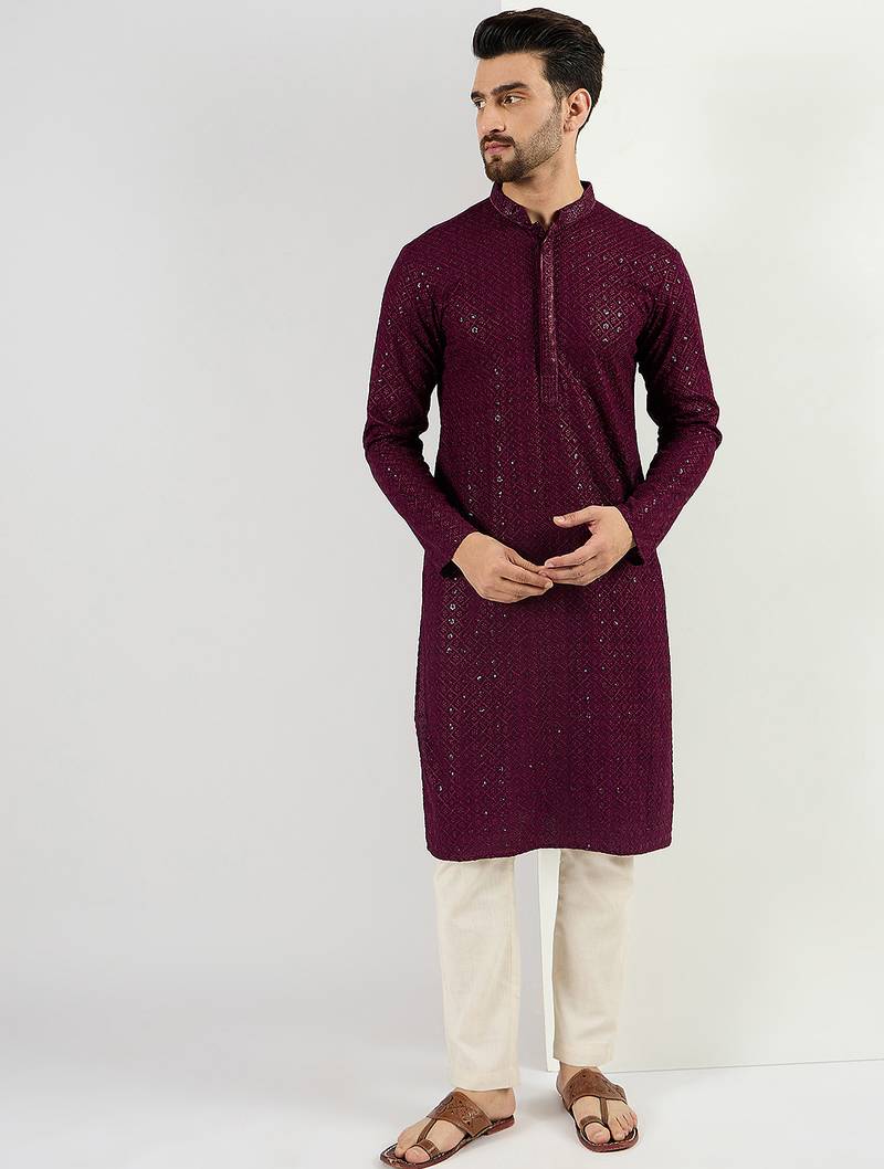 Men's burgundy viscose rayon embroidered straight sequins kurta
