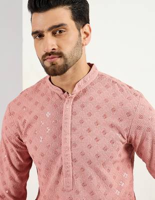 Men's pink viscose rayon embroidered straight sequins kurta 2