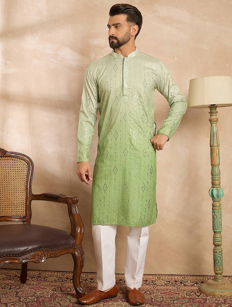 Men green silk blend ombre embroidered straight kurta sets