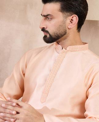 Men peach silk blend solid embroidered straight kurta with trouser 1