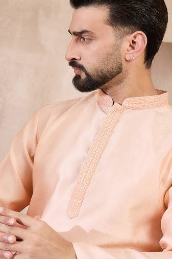 Men peach silk blend solid embroidered straight kurta with trouser
