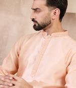 Men peach silk blend solid embroidered straight kurta with trouser
