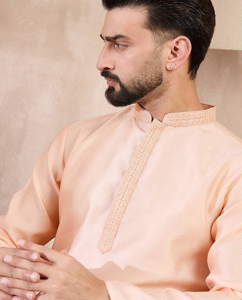 Men peach silk blend solid embroidered straight kurta with trouser