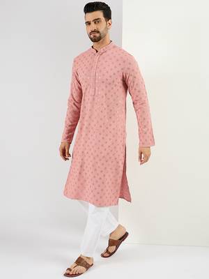 Men's pink viscose rayon embroidered straight sequins kurta 1