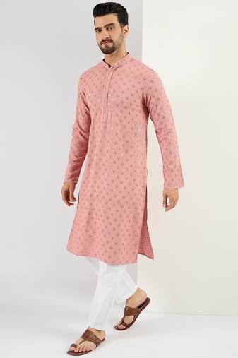 Men's pink viscose rayon embroidered straight sequins kurta
