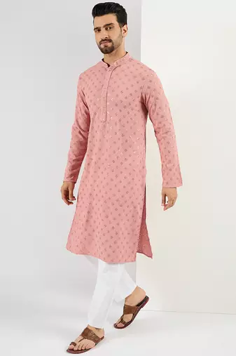 Men's pink viscose rayon embroidered straight sequins kurta