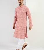 Men's pink viscose rayon embroidered straight sequins kurta
