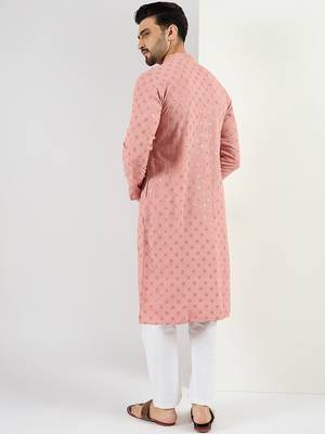 Men's pink viscose rayon embroidered straight sequins kurta 4