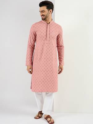 Men's pink viscose rayon embroidered straight sequins kurta 5