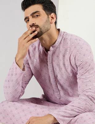 Men purple viscose rayon solid embroidered straight kurta 1