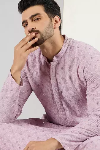 Men purple viscose rayon solid embroidered straight kurta