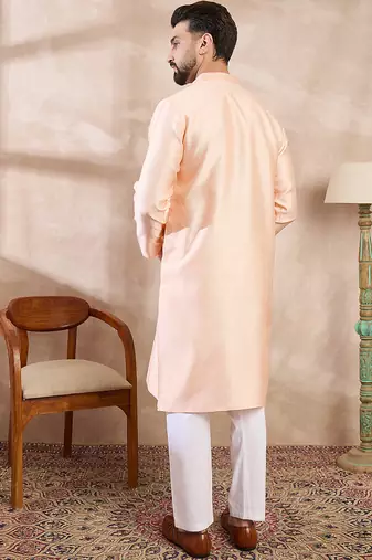 Men peach silk blend solid embroidered straight kurta with trouser