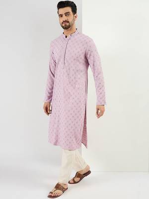 Men purple viscose rayon solid embroidered straight kurta 3