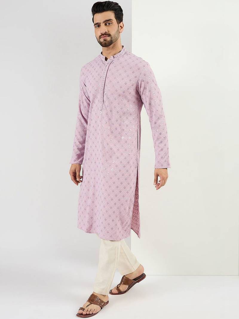 Men purple viscose rayon solid embroidered straight kurta