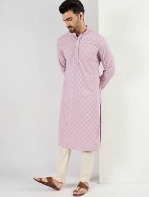 Men purple viscose rayon solid embroidered straight kurta 4