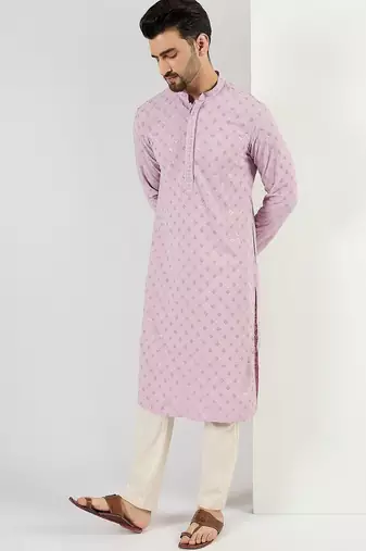 Men purple viscose rayon solid embroidered straight kurta