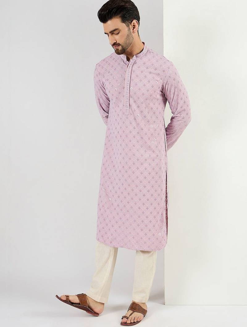 Men purple viscose rayon solid embroidered straight kurta