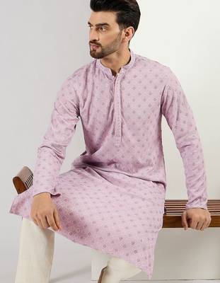 Men purple viscose rayon solid embroidered straight kurta 5