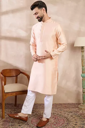 Men peach silk blend solid embroidered straight kurta with trouser