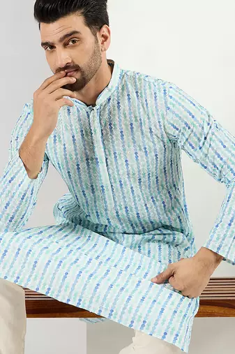 Men white viscose rayon striped printed straight kurta