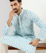 Men white viscose rayon striped printed straight kurta