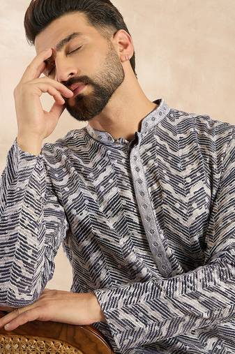 Men navy blue polyester batik embroidered straight kurta sets