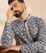 Men navy blue polyester batik embroidered straight kurta sets