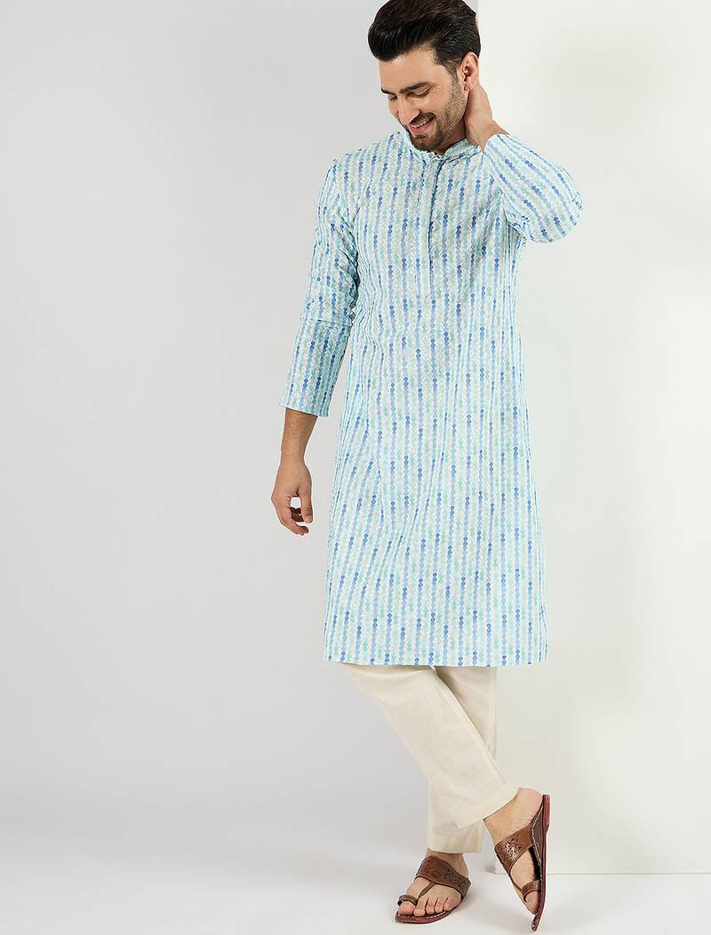 Men white viscose rayon striped printed straight kurta