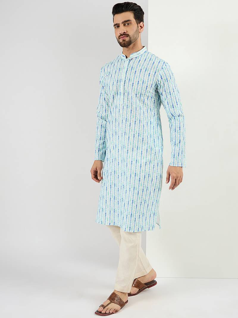 Men white viscose rayon striped printed straight kurta