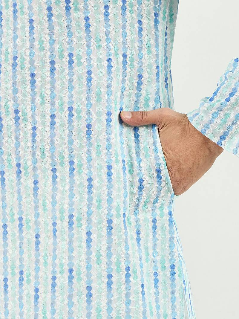 Men white viscose rayon striped printed straight kurta