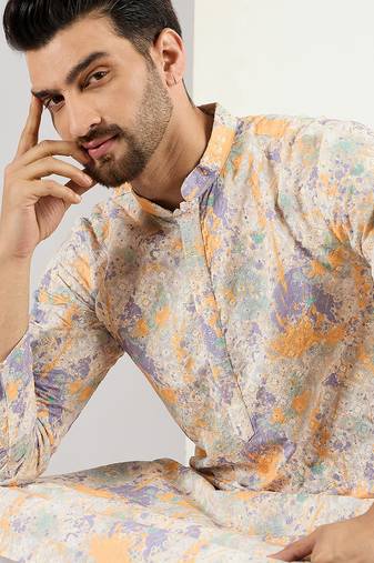 Men off white viscose rayon abstract embroidered chikankari straight kurta
