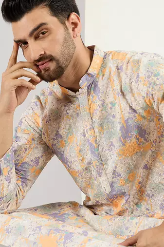 Men off white viscose rayon abstract embroidered chikankari straight kurta
