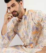 Men off white viscose rayon abstract embroidered chikankari straight kurta