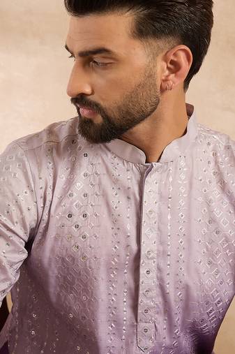 Men lavender silk blend ombre embroidered straight kurta sets