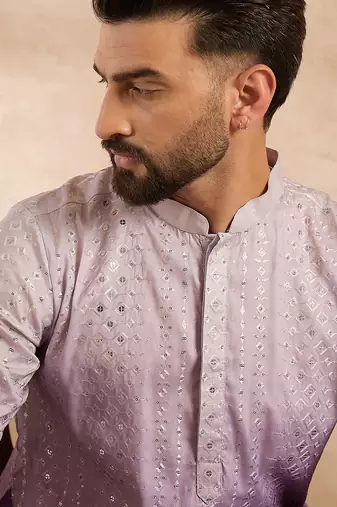 Men lavender silk blend ombre embroidered straight kurta sets