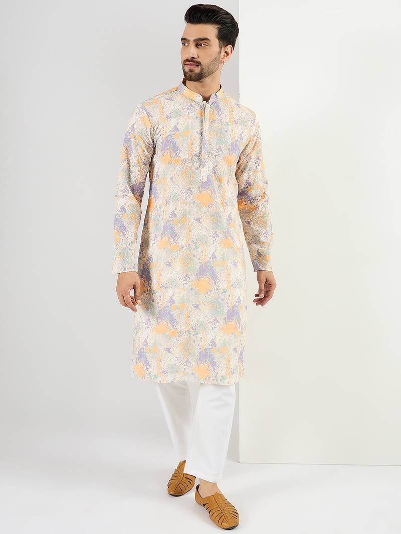 Men off white viscose rayon abstract embroidered chikankari straight kurta