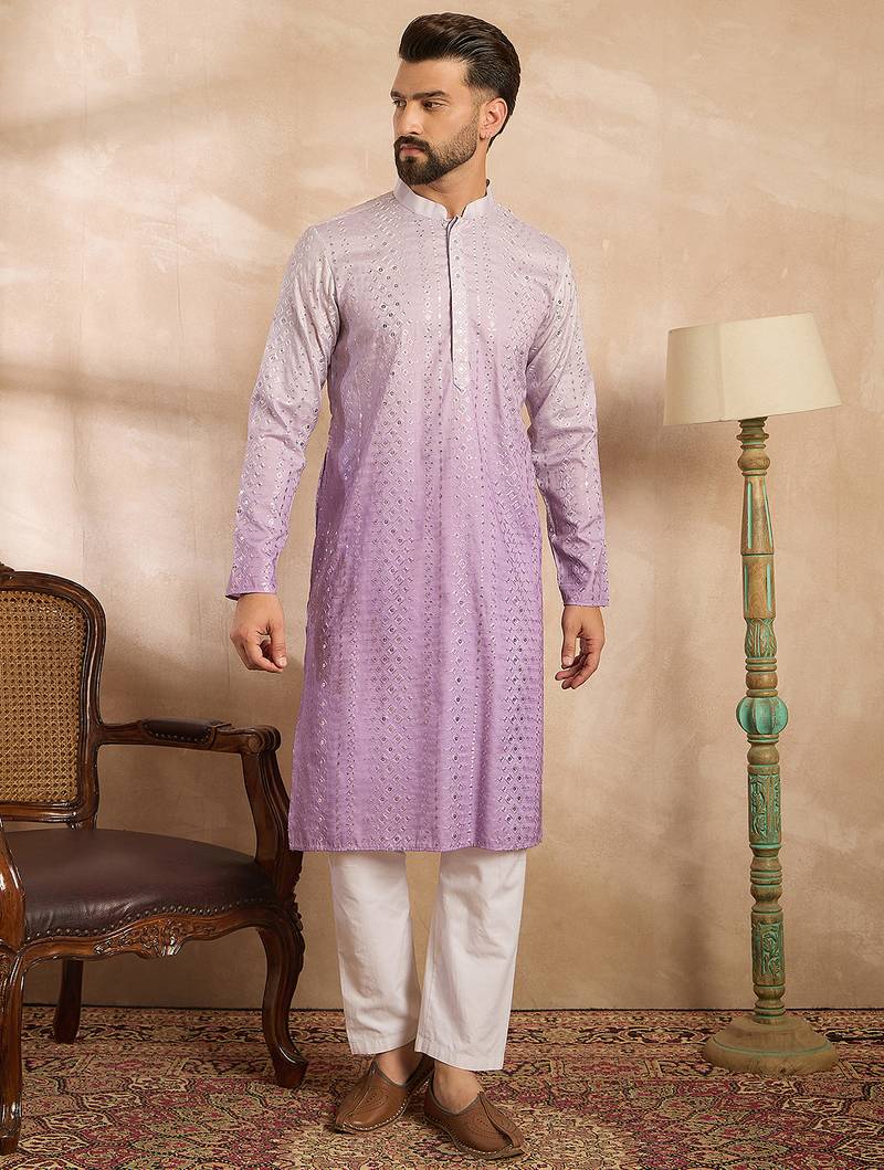 Men lavender silk blend ombre embroidered straight kurta sets