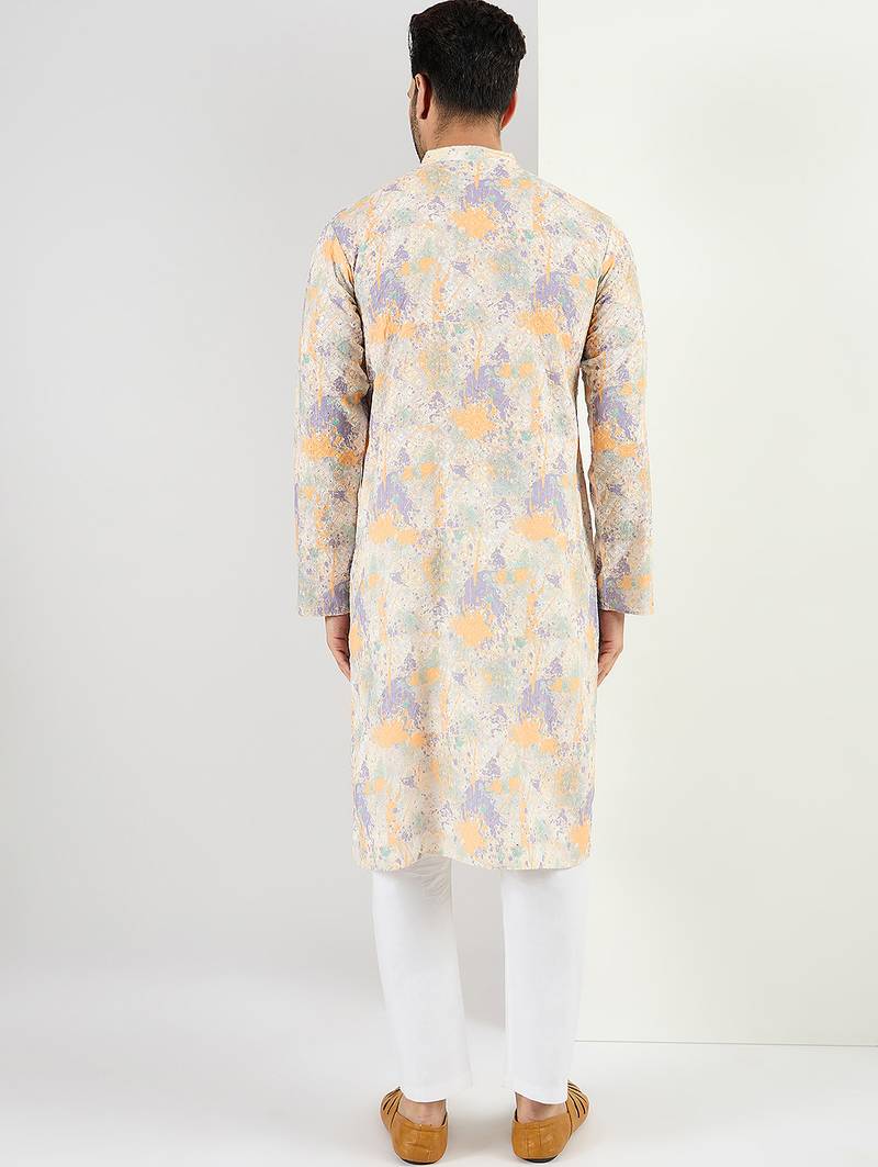Men off white viscose rayon abstract embroidered chikankari straight kurta