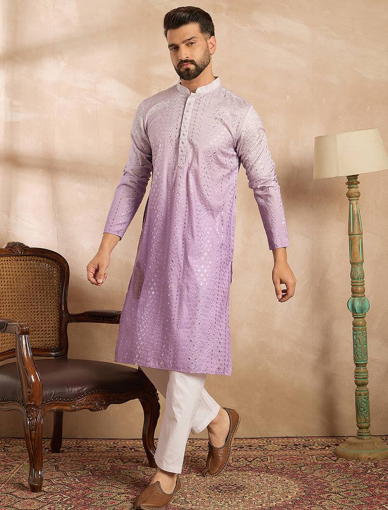 Men lavender silk blend ombre embroidered straight kurta sets