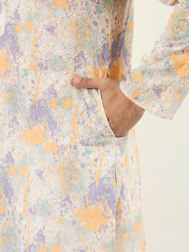 Men off white viscose rayon abstract embroidered chikankari straight kurta