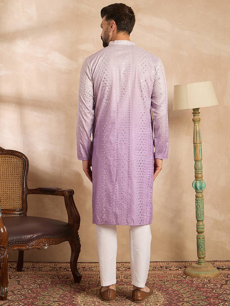 Men lavender silk blend ombre embroidered straight kurta sets