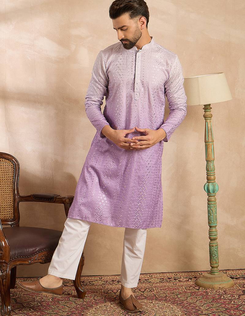 Men lavender silk blend ombre embroidered straight kurta sets