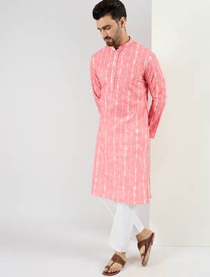 Men peach viscose rayon abstract embroidered chikankari straight kurta 3