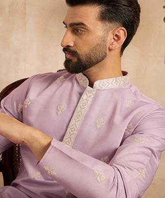Men lavender polyester solid embroidered straight kurta sets 1