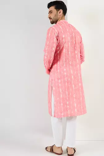 Men peach viscose rayon abstract embroidered chikankari straight kurta