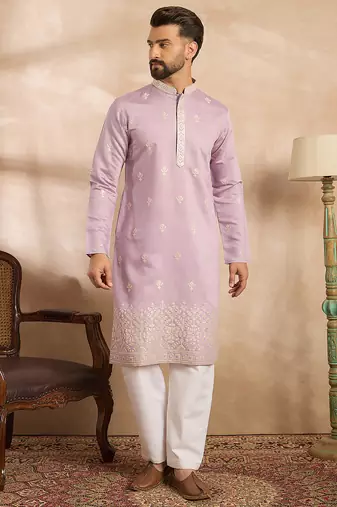 Men lavender polyester solid embroidered straight kurta sets