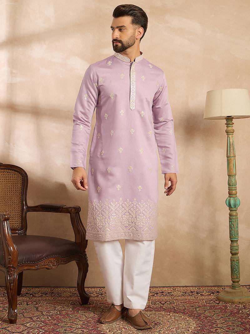 Men lavender polyester solid embroidered straight kurta sets
