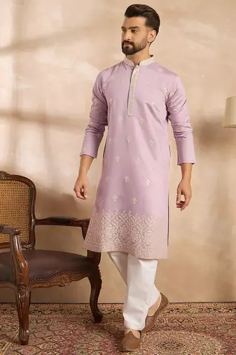 Men lavender polyester solid embroidered straight kurta sets