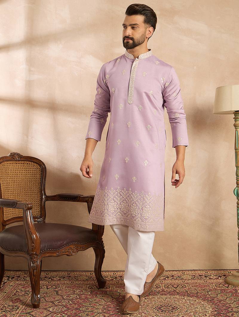 Men lavender polyester solid embroidered straight kurta sets